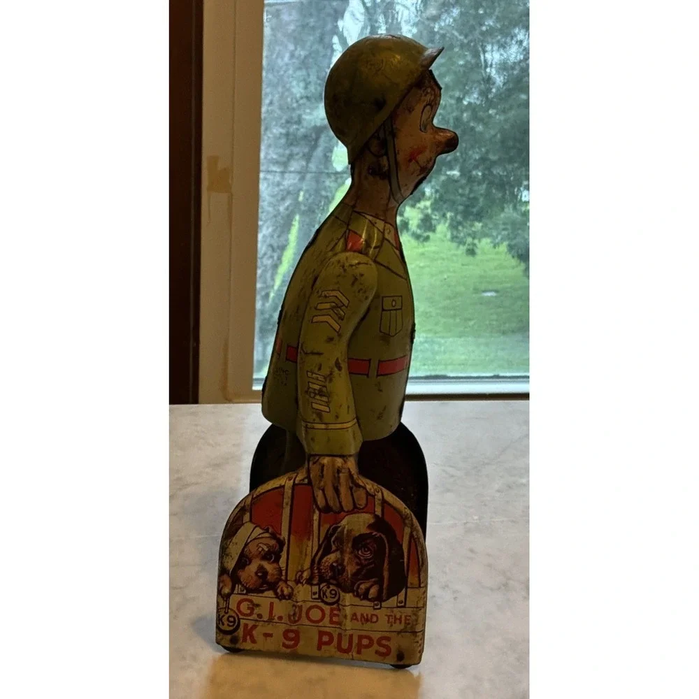 VINTAGE UNIQUE ART WINDUP CLOCKWORK TOY G.I. JOE & K9 PUPS WORKS